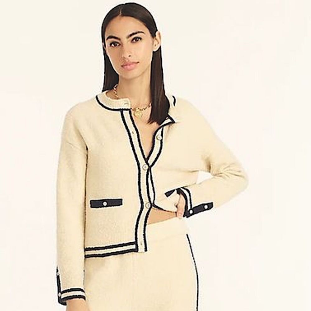 J. Crew Cotton Bouclé Cardigan Sweater Ivory Navy Trim Size S • NEW WITH TAGS • - Picture 3 of 11